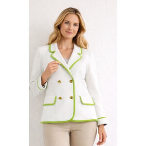 Sportissimo White Blazer Jacket Womens Medium Mod Lime Trim Gold Button Resort